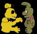  ambiguous_gender animatronic anthro bow_tie clothing duo eye_contact five_nights_at_freddy&#039;s five_nights_at_freddy&#039;s_3 floating freckles golden_freddy_(fnaf) green_body hat headgear headwear lagomorph leporid looking_at_another machine mammal ms_paint multicolored_body open_mouth rabbit raised_arm robot scurryy springtrap_(fnaf) tagme ursid ursine video_games white_eyes yellow_body 