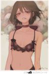 1girl black_bra bra breasts brown_eyes brown_hair bruise bruise_on_face choker commentary_request floral_print flower freng injury korean_commentary lips original parted_lips ribbon_choker short_hair simple_background small_breasts solo syringe underwear upper_body 