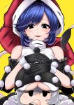  2girls bangs bare_shoulders black_eyes black_gloves black_sleeves blue_eyes blue_hair blush braid breast_rest breasts commentary_request covering_mouth detached_sleeves doremy_sweet dress ear_piercing eyebrows_visible_through_hair face feathered_wings french_braid fur-trimmed_gloves fur_trim gloves grey_wings hair_between_eyes hand_over_own_mouth hands_on_own_breasts hat highres kishin_sagume large_breasts looking_at_viewer multicolored multicolored_clothes multicolored_dress multiple_girls nightcap open_mouth piercing pom_pom_(clothes) red_headwear rihito_(usazukin) short_hair short_sleeves simple_background single_wing sleeveless sleeveless_dress solo_focus standing tail tapir_tail touhou underboob upper_body white_dress white_hair wide_sleeves wings yellow_background 