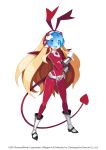  1girl 2019 blonde_hair bodysuit boots clenched_hand copyright dated demon_girl demon_tail demon_wings disgaea disgaea_rpg fang flat_chest flonne flonne_(fallen_angel) full_body hand_on_hip highres long_hair official_art open_mouth red_bodysuit simple_background solo standing tail very_long_hair visor white_background wings 