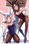  2girls animal_ear_fluff animal_ears arm_up armpits azur_lane bangs bare_shoulders black-framed_eyewear black_bow black_hair black_legwear black_leotard blue_eyes blush bow bowtie breasts bunny_ears bunny_tail commentary_request covered_navel detached_collar full_body glasses heart high_heels hiryuu_(azur_lane) kneeling leaning_forward leotard long_hair looking_at_viewer medium_breasts moji_(mojimozis) multiple_girls pantyhose parted_bangs pink_background playboy_bunny rabbit_girl red_bow romaji_text semi-rimless_eyewear sidelocks sign simple_background souryuu_(azur_lane) standing strapless strapless_leotard tail translation_request two-tone_background under-rim_eyewear very_long_hair white_background white_hair wing_collar wrist_cuffs 