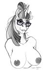  anthro anthrofied areola breasts equid equine eyewear female friendship_is_magic glasses hair hi_res horse mammal messy_hair monochrome moondancer_(mlp) my_little_pony nipples phathusa pony restricted_palette simple_background smile solo white_background 