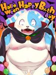  2020 3:4 anthro belly birthday blue_body blue_fur blush candle cape clothing eyes_closed fur halloween holidays kemono male mammal moobs navel nipples overweight overweight_male rodemaru solo text white_body white_fur 