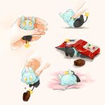  aqua_fur bag closed_mouth commentary_request disembodied_limb fingernails food gen_4_pokemon gum_(gmng) holding holding_pokemon looking_up pokemon pokemon_(creature) shinx tail yellow_eyes 