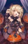  1girl absurdres arm_support bare_shoulders bat_hair_ornament black_legwear black_nails blonde_hair blush bodystocking breasts breathing eyepatch fischl_(genshin_impact) garter_straps genshin_impact gloves green_eyes hair_ornament hair_over_one_eye hair_ribbon halloween hand_up highres huge_filesize jack-o&#039;-lantern long_hair looking_at_viewer open_mouth ribbon single_thighhigh small_breasts solo straddling thighhighs torriet two_side_up 