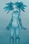  blue_body blue_eyes blue_hair breasts circle_eyebrows crotch_lines crystal crystal_creature crystal_humanoid elemental_creature elemental_humanoid eyebrows female genitals hair humanoid mineral_fauna mineral_humanoid navel nipples not_furry pigtails pseudo_hair pussy small_breasts small_waist smile solo standing syvaron teenager young 