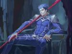  1boy abs armor beads blue_hair bodysuit cu_chulainn_(fate)_(all) earrings fate/stay_night fate_(series) gae_bolg grin hair_beads hair_ornament highres holding holding_weapon jewelry l_e_can lancer looking_at_viewer male_focus pauldrons ponytail red_eyes shoulder_armor sitting skin_tight smile solo spiked_hair type-moon weapon 