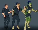  2019 5:4 anthro bottomwear breasts brown_hair claws clothing dinosaur dromaeosaurid female green_body gun hair human human_to_anthro mammal pants police_uniform ranged_weapon reptile scalie sequence simple_background sindaj smile solo species_transformation standing theropod torn_clothing transformation uniform weapon 