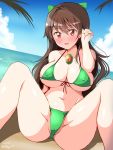  1girl arm_up bangs beach bikini blush bow breasts brown_hair cameltoe cleavage cloud commentary_request covered_nipples deego_(omochi_bazooka) eyebrows_visible_through_hair eyes_visible_through_hair fang full_body green_bikini green_bow hair_between_eyes hair_bow highres horizon large_breasts long_hair looking_at_viewer navel no_wings open_mouth palm_tree partially_visible_vulva red_eyes reiuji_utsuho sand shiny shiny_skin sitting sky solo stomach swimsuit third_eye touhou tree 
