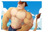  2020 anthro big_muscles brown_hair brown_nose bulge clothed clothing felid fur genitals green_eyes hair hi_res lion makowolf1 male mammal muscular muscular_anthro muscular_male nipples pantherine penis penis_base pink_nipples pink_penis solo swimwear tan_body tan_fur topless vein veiny_penis 