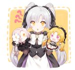  1girl ? ahoge aug_(girls_frontline) aug_para_(girls_frontline) blonde_hair bow character_doll dress flower girls_frontline hair_flower hair_ornament hair_ribbon hand_puppet jin2 long_hair looking_at_viewer open_mouth pink_eyes puppet ribbon s-acr_(girls_frontline) silver_hair twintails yellow_eyes 