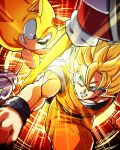  2boys animal_nose battle blonde_hair bracer crossover dougi dragon_ball dragon_ball_z gloves green_eyes grin kicking looking_at_another male_focus multiple_boys muscle punching red_eyes red_footwear sash shoes smile sneakers son_goku sonic sonic_the_hedgehog sparring super_saiyan super_saiyan_1 super_sonic tondamanuke trait_connection white_gloves 