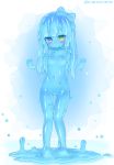  1girl absurdres barefoot blue_bow blue_hair blue_skin blush bow closed_mouth dot_mouth dot_nose eyebrows_visible_through_hair flat_chest full_body hair_bow hand_up heart heterochromia highres kixyuresu long_hair looking_at_viewer monster_girl navel nude original purple_eyes slime_girl solo standing twitter_username yellow_eyes 