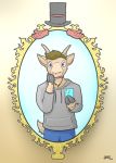  anthro blue_eyes bovid brown_hair calvin caprine clothing cloven_hooves goat hair hooves male mammal mirror sweater topwear transformation werenimal yafath 