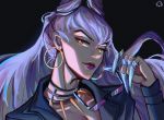  1girl absurdres business_suit claws demon_girl earrings evelynn_(league_of_legends) eyewear_removed formal glasses highres hoop_earrings jewelry league_of_legends long_hair looking_at_viewer makeup necklace solo succubus suit the_baddest_evelynn todok_kun 