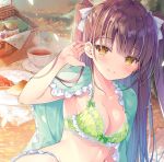  1girl arm_up armpit_peek armpits blanket bra breasts brown_hair cleavage collarbone cup frills green_bra hair_ornament hair_ribbon hairclip lingerie long_hair looking_at_viewer medium_breasts miwabe_sakura mole mole_on_breast orange_eyes original picnic picnic_basket ribbon smile solo stomach teacup two_side_up underwear underwear_only x_hair_ornament 