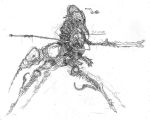  4_fingers ambiguous_gender armor arthropod bionicle english_text fingers graphite_(artwork) greyscale hi_res holding_object holding_weapon hook humanoid insect lego machine melee_weapon monochrome not_furry pencil_(artwork) pointed_feet polearm primal_(bionicle) quadruped robot simple_background sketch solo spear standing stinger text that1cactus traditional_media_(artwork) weapon white_background 