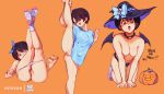  1girl ;d all_fours artist_logo artist_self-insert ass bangs bat_wings black_hair black_panties blue_shirt bluethebone bluethebone_(character) bottomless breasts brown_eyes commentary english_commentary eyebrows_visible_through_hair hair_between_eyes hand_on_own_leg hat highres jack-o&#039;-lantern kneepits leg_up legs_up looking_at_viewer lying medium_breasts multiple_views nipples on_back one_eye_closed open_mouth original panties panty_pull pink_panties pussy shirt short_hair simple_background smile socks split standing standing_on_one_leg standing_split tearing_up tongue tongue_out topless trembling trick_or_treat uncensored underwear wings witch_hat 