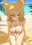  1girl absurdres animal_ear_fluff animal_ears arm_strap bangs bare_arms bare_shoulders beach between_legs bikini blonde_hair blush breasts cleavage closed_mouth collarbone commentary commission day eyebrows_visible_through_hair hair_between_eyes hand_between_legs highres large_breasts leaning_forward long_hair mole mole_on_breast navel ocean original outdoors purple_eyes romana seiza sitting solo swimsuit thighs very_long_hair white_bikini 
