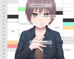  1girl brown_shirt buttons collared_jacket denim denim_jacket english_text green_eyes grey_eyes grey_hair hand_on_own_chest hand_up heterochromia original shirt short_hair solo spreadsheet upper_body yajirushi_(chanoma) 