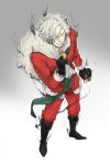  1boy aura boots christmas edmond_dantes_(fate/grand_order) energy fate/grand_order fate_(series) full_body gift glowing glowing_eyes grin imanatsu long_sleeves male_focus sack santa_costume simple_background smile solo white_hair 