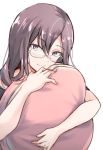  1girl black_shirt blue_eyes brown_hair commentary_request glasses holding holding_pillow idolmaster idolmaster_cinderella_girls long_hair looking_at_viewer pillow shirt smile unu_(unucence) yagami_makino 