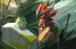  aqua_eyes claws eye_contact fomantis from_above gen_2_pokemon gen_7_pokemon highres insect_wings looking_at_another mega_pokemon mega_scizor moss no_humans outdoors pokemon pokemon_(creature) scizor two_pokemon wading water wings 