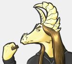  anthro bjorn_(makaronnie) black_clothing brown_eyes brown_hair candy cel_shading chocolate clothing dragon eyebrows food hair horn jacket long_hair makaronnie male norwegian_forktail scalie shaded simple_background solo topwear yellow_body 