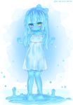  1girl absurdres barefoot blue_bow blue_hair blue_skin blush bow closed_mouth dot_mouth dot_nose dress eyebrows_visible_through_hair full_body hair_bow hand_up heart heterochromia highres kixyuresu long_hair looking_at_viewer monster_girl original purple_eyes slime_girl solo standing sundress twitter_username wet wet_clothes wet_dress white_dress yellow_eyes 