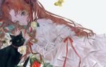 1girl bonnet brown_hair bug butterfly cat closed_mouth dress flower insect long_hair looking_at_viewer lying on_stomach original red_ribbon ribbon solo white_dress yogisya 