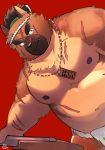  2020 anthro asian_clothing belly canid canine canis clothing domestic_dog east_asian_clothing fundoshi hi_res japanese_clothing kemono male mammal moobs nipples overweight overweight_male red_background sawch_cls scar simple_background solo tokyo_afterschool_summoners underwear video_games yasuyori 