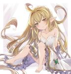  1girl ahoge barefoot blonde_hair blush closed_mouth dress eyebrows_visible_through_hair granblue_fantasy green_eyes harvin legs long_hair melissabelle off-shoulder_dress off_shoulder pointy_ears sitting solo very_long_hair white_dress wuming 