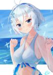  1girl absurdres antenna_hair bikkusu blue_eyes blue_headwear dennou_shoujo_youtuber_siro highres short_hair siro_(dennou_shoujo_youtuber_siro) solo swimsuit virtual_youtuber 