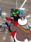  anthro badger badgerclops black_body black_fur blush cape cartoon_network celestial clothing cybernetics cyborg digitigrade domestic_cat duo felid feline felis fur green_eyes machine male male/male mammal mao_mao:_heroes_of_pure_heart meme mustelid musteline red_clothing sheriff_mao_mao_mao walmart 