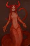  apode breasts draconcopode female genitals hair horn humanoid lamia long_hair looking_at_viewer navel nipples nude pussy red_body red_hair reptile ribs scalie serpentine simple_background small_breasts snake solo split_form syvaron 
