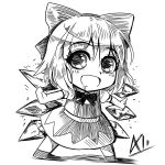  a-xii bow chibi cirno eyebrows_visible_through_hair highres ice ice_wings monochrome open_mouth saliva smile solo touhou wings 