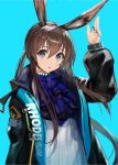  1girl absurdres amiya_(arknights) animal_ears aqua_background arknights black_coat blue_eyes blue_neckwear blurry brown_hair bunny_ears clothes_writing coat commentary cravat depth_of_field hair_between_eyes highres hooded_coat jewelry long_hair looking_at_viewer multiple_rings neck_ring open_clothes open_coat open_mouth ribbed_sweater ring simple_background solo sweater takubon upper_body white_sweater 