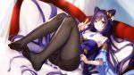  bed blush cat_smile dress genshin_impact keqing_(genshin_impact) long_hair pantyhose purple_eyes purple_hair red_and_white 