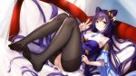  1girl :3 absurdres bangs bare_shoulders black_legwear blush breasts crotchless crotchless_pantyhose detached_sleeves dress frills genshin_impact gloves hair_ornament highres hong_bai keqing legs long_hair looking_at_viewer medium_breasts no_panties pantyhose purple_eyes purple_hair purple_nails pussy sitting solo thighs toes twintails v 