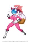  1girl 2019 animal_ears bodysuit breasts cat_ears cat_tail clenched_hands copyright dated disgaea disgaea_rpg fang full_body high_heels highres huge_breasts long_hair nekomata_(disgaea) official_art open_mouth pink_bodysuit pink_hair simple_background solo standing tail visor white_background 