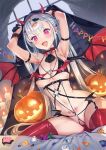  1girl arm_strap armpits ascot bat_hair_ornament bat_wings blush breasts candy choker demon_girl fake_horns fangs food garter_straps grey_hair groin hair_ornament hairband halloween heart heart-shaped_pupils highres holding horns jack-o&#039;-lantern lollipop long_hair looking_at_viewer medium_breasts mhk_(mechamania) multiple_piercings navel open_mouth original pink_eyes pubic_tattoo revealing_clothes scrunchie skindentation smile solo spread_legs stomach straddling succubus symbol-shaped_pupils tattoo thighhighs twintails very_long_hair wings wrist_scrunchie 