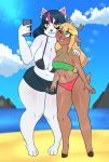  2020 3_toes 5_fingers anthro antlers arm_around_shoulders barefoot beach berrythedragon big_breasts bikini bikini_top biped black_hair black_nose blonde_hair blue_eyes blush bottomwear breast_size_difference breasts brown_body brown_fur buckteeth capreoline catti_(deltarune) cellphone cervid chubby_female cleavage clothed clothing cloud curvy_figure cutoffs deep_navel deltarune denim denim_clothing detailed_background digital_media_(artwork) domestic_cat duo ear_piercing ear_ring eyeshadow felid feline felis female female/female fingers full-length_portrait fur glistening glistening_body glistening_legs goth hair hi_res highlights_(coloring) holding_cellphone holding_object holding_phone hooves horn jewelry light long_hair looking_up makeup mammal midriff navel noelle_holiday one_eye_closed open_mouth outside phone piercing pivoted_ears portrait pose pupils red_nose reindeer rock sand scut_tail sea seaside selfie short_hair short_tail shorts size_difference skimpy sky slightly_chubby slit_pupils smile standing sun sunlight swimwear tall_female tan_body tan_fur teeth thick_thighs tight_bottomwear tight_clothing tight_fit toes tongue under_boob video_games voluptuous water white_body white_fur wide_hips yellow_sclera 