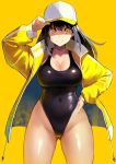 1girl bangs baseball_cap blush breasts competition_swimsuit hat highleg highleg_swimsuit highres jacket kekemotsu large_breasts long_hair long_sleeves looking_at_viewer one-piece_swimsuit open_clothes open_jacket original simple_background smile swimsuit 