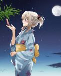  1girl abimaru_gup alternate_hairstyle bamboo bangs black_sky blue_eyes blue_kimono blurry blurry_background closed_mouth cloud cloudy_sky commentary_request cross_hair_ornament depth_of_field eyebrows_visible_through_hair floral_print from_side full_moon girls_und_panzer hair_ornament hair_scrunchie hair_up highres iron_cross itsumi_erika japanese_clothes kimono long_sleeves moon night night_sky obi print_kimono red_scrunchie sash scrunchie short_hair short_ponytail sidelocks silver_hair sky smile solo standing star_(sky) starry_sky tanabata tanzaku translated wide_sleeves 