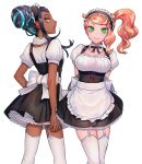  2girls alternate_costume apron arms_behind_back bangs black_hair braid buttons closed_mouth commentary_request dark_skin detached_collar earrings enmaided eyelashes garter_straps green_eyes green_hair hair_bun hoop_earrings jewelry looking_at_viewer maid maid_dress maid_headdress multicolored_hair multiple_girls nessa_(pokemon) orange_hair pokemon pokemon_(game) pokemon_swsh sakai_(motomei) side_ponytail smile sonia_(pokemon) swept_bangs thighhighs two-tone_hair waist_apron white_apron white_legwear 