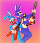  2020 5_fingers animatronic anthro black_nose blue_body blue_fur bonnie_(fnaf) bow_tie clothing dipstick_ears duo eyelashes eyeshadow fingers five_nights_at_freddy&#039;s five_nights_at_freddy&#039;s_2 freckles fur gloves guitar handwear head_tuft hi_res imd0g lagomorph leporid machine makeup male mammal multicolored_ears musical_instrument open_mouth open_smile plucked_string_instrument purple_body purple_fur rabbit red_cheeks robot smile standing string_instrument teeth tongue toy_bonnie_(fnaf) tuft video_games white_body white_fur 