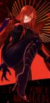  1girl absurdres black_bodysuit black_gloves bodysuit boots cape commentary_request covered_nipples fate/grand_order fate_(series) from_below gloves hair_over_one_eye high_heel_boots high_heels highres looking_at_viewer looking_down oda_nobunaga_(fate)_(all) oda_nobunaga_(maou_avenger)_(fate) oda_uri red_cape red_eyes red_hair solo soraharu_(mojatta) 