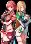  amano_don back-to-back bangs black_background blonde_hair blush breasts chest_jewel cleavage commentary_request covered_navel crossed_arms dress elbow_gloves fingerless_gloves gloves highres jewelry large_breasts leotard long_hair mythra_(xenoblade) pyra_(xenoblade) red_eyes red_hair red_legwear short_shorts shorts sidelocks skindentation smile thigh_strap thighs tiara xenoblade_chronicles_(series) xenoblade_chronicles_2 yellow_eyes 