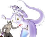  anthro armband big_breasts breasts canid canine canis curvy_figure dragon duo feathers female grey_body jewelry larger_female laugh looking_at_another lutherine male male/female mammal necklace neelam purple_body size_difference smaller_male tickling wingless_dragon wolf 