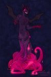  2020 alishka anthro black_nose blood blood_on_hand blood_on_mouth bodily_fluids breasts digital_media_(artwork) featureless_breasts featureless_crotch female glowing glowing_eyes hair hi_res hybrid membrane_(anatomy) membranous_wings navel purple_body purple_skin smile solo teeth tentacles wings 
